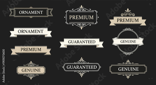 Collection of vintage ornate labels and banners with text like "Premium", "Ornament", "Guaranteed", and "Genuine" on a dark background.