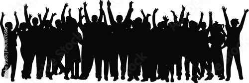 Large crowd silhouette with raised hands celebrating together, energetic people cheering in unity, abstract black human figures isolated on white background concept illustration