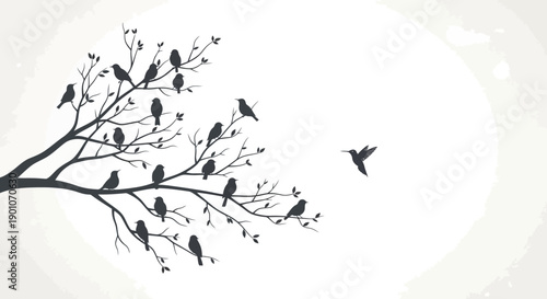 A silhouette of a flock of birds perched on a bare tree branch with one bird flying away.