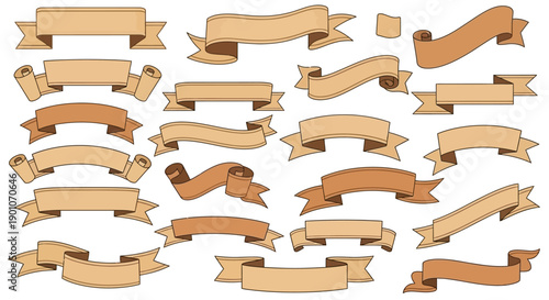 A collection of various vintage-style ribbon banners and scrolls in shades of brown and beige.