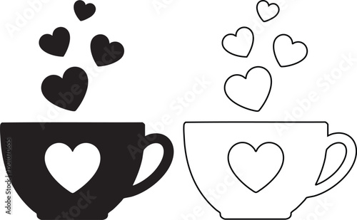 Black and white silhouette heart coffee cups hearts silhouettes love