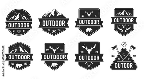 Collection of eight vintage outdoor adventure badges and emblems featuring mountains, forests, and wildlife motifs.