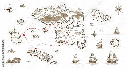 An old hand-drawn fantasy map showing a sea route between islands with ships and compass roses.