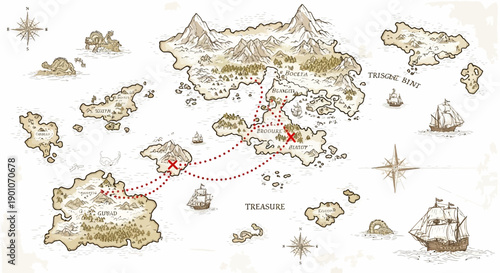 An old treasure map showing a pirate ship route across islands and seas, marked with red dotted lines and crosses.