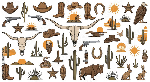 A vibrant collection of Western-themed illustrations featuring iconic symbols like cowboy hats, boots, longhorn skulls, cacti, and desert landscapes.