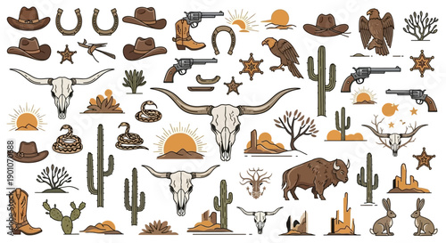 A comprehensive collection of Western-themed illustrations featuring iconic elements like cowboy hats, boots, longhorn skulls, cacti, and wild animals.