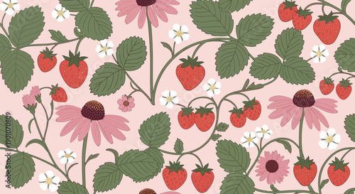 A charming seamless pattern featuring ripe strawberries and delicate pink coneflowers on a soft pink background.