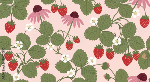 A charming seamless pattern featuring ripe red strawberries, delicate white flowers, and pink coneflowers on a soft pink background.