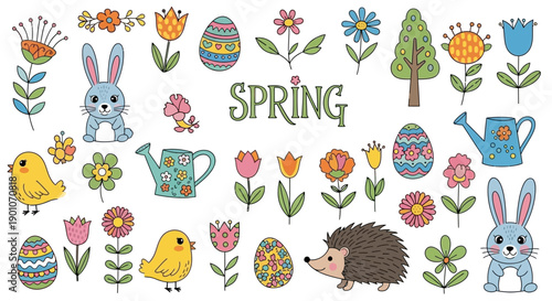 A vibrant collection of hand-drawn Easter and spring-themed illustrations featuring cute animals, colorful eggs, and blooming flowers.