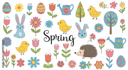 A vibrant collection of spring-themed illustrations featuring cute animals, colorful flowers, Easter eggs, and gardening tools, perfect for seasonal decorations.