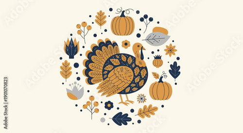 A charming circular illustration featuring a stylized turkey surrounded by autumn elements like pumpkins, leaves, and berries.