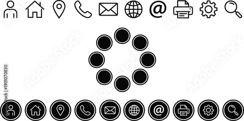 Black and White Minimalist Business Contact Information Icon Set Featuring Web Communication Symbols and Circular UI Design Elements for Professional Branding