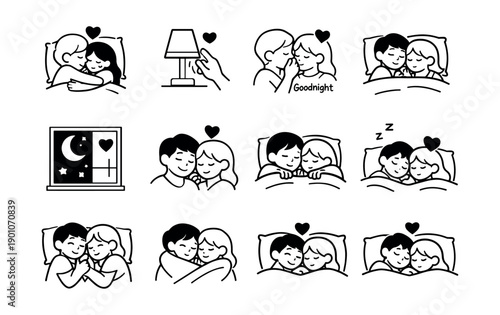 Couple bedtime moments black and white illustrations