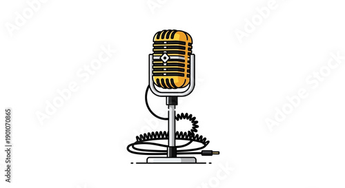 A vintage-style gold and black microphone with a coiled cord and a plug, isolated on a white background.