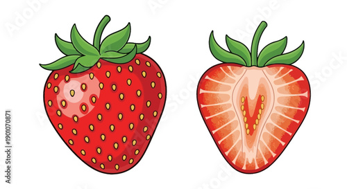 A whole strawberry and a strawberry cut in half, showing its internal structure and seeds.