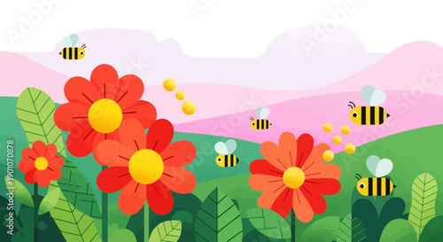 A vibrant illustration of bees buzzing around colorful red flowers in a whimsical landscape with rolling pink hills.