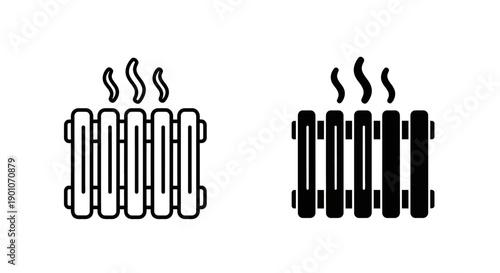 Two icons representing a radiator emitting heat, one in outline and the other in solid black.