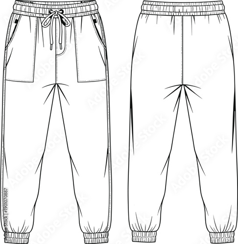 Women jogger pants technical fashion illustration showing front and back views with elastic waistband drawstring pockets and cuffed hems isolated on white background