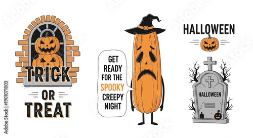 Three Halloween-themed illustrations featuring pumpkins, a tombstone, and spooky text.