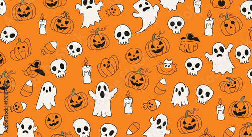 A vibrant and playful Halloween-themed pattern featuring an assortment of spooky yet cute icons on an orange background.