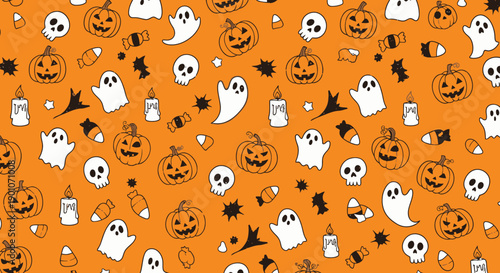 A vibrant orange background filled with a repeating pattern of cute Halloween-themed illustrations including smiling pumpkins, friendly ghosts, skulls, candles, and candy corn.