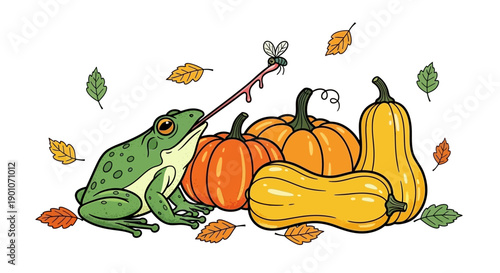 A green frog with its long tongue catching a fly amidst pumpkins and autumn leaves.