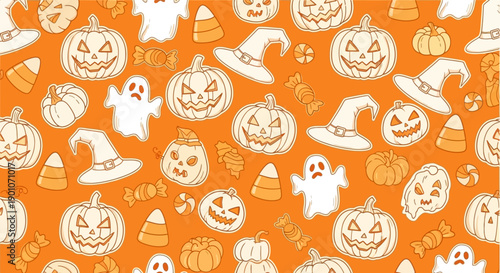 A vibrant and festive Halloween-themed pattern featuring jack-o'-lanterns, ghosts, witch hats, and candy corn on an orange background.