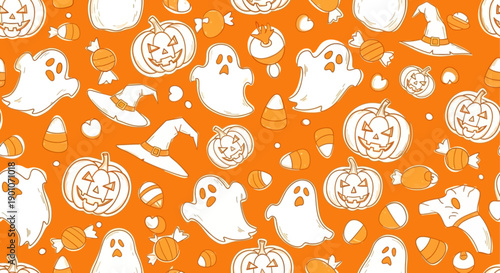 A festive and spooky Halloween-themed seamless pattern featuring pumpkins, ghosts, witch hats, and candy on an orange background.
