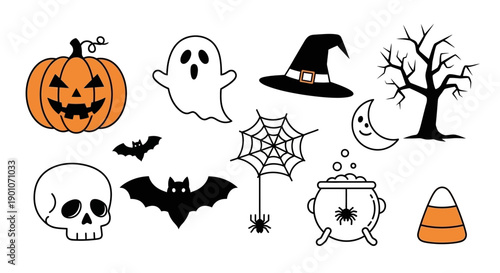 A collection of classic Halloween icons including a pumpkin, ghost, witch hat, bare tree, moon, spider web, cauldron, candy corn, bat, and skull.