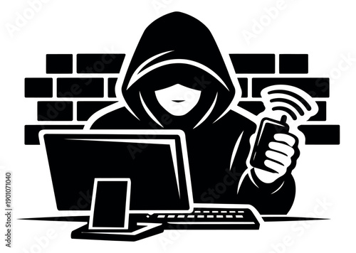 Graphic illustration of a hacker depicting cybercrime activity for online security concepts