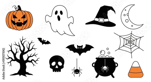 A collection of classic Halloween symbols including a carved pumpkin, ghost, witch hat, crescent moon, bare tree, bats, skull, spider, cauldron, and candy corn.
