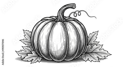 A detailed black and white sketch of a ripe pumpkin with a curly vine and surrounding leaves.