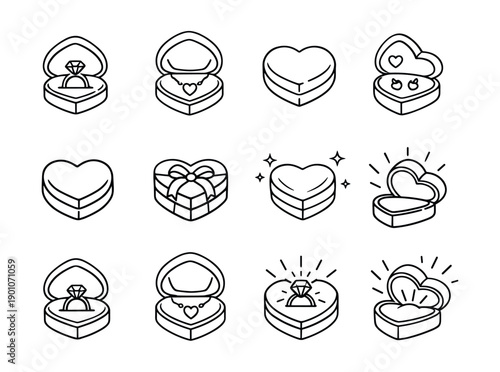 Heart-shaped jewelry box line drawings set