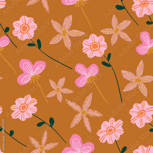 Cozy, warm and cute floral seamless pattern with hand drawn flowers. Colors palette is milk chokolate brown along with dark green and pink. Use it as wallpaper, tablecloth, cover, textiles, fabric.