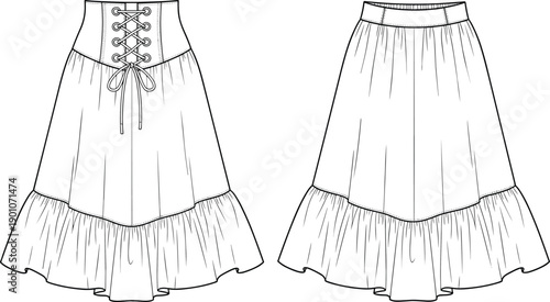Women's high-waisted midi skirt technical sketch featuring a lace-up corset waistband and a gathered ruffle hemline isolated on a clean white background.