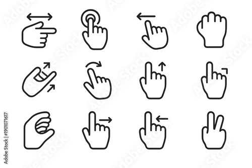 Hand Interaction Icons. Hand interaction icons. Line outline icon set of hand interaction icons: drag hand,