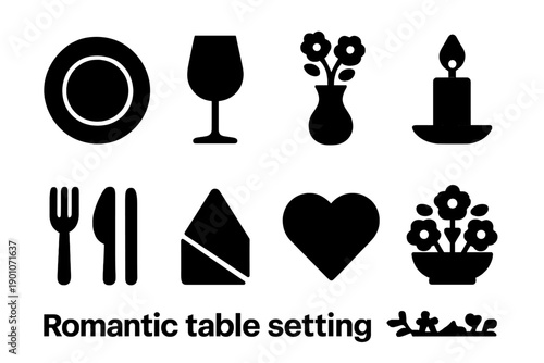 Romantic Table Icons. Romantic table setting with flowers. Filled icon set of Romantic table setting with