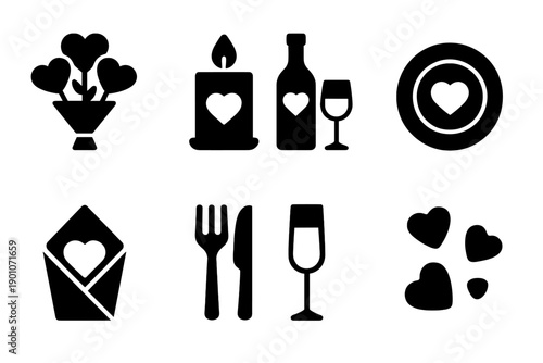 Valentine's Dinner Icons. Valentine dinner setup. Filled icon set of Valentine dinner setup: heart bouquet,