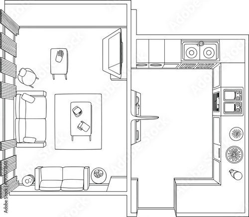 Modern apartment floor plan blueprint showing living room and kitchen layout, top view interior design drawing, architectural home planning concept illustration