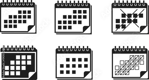 Modern calendar icon set showing date selection, scheduling, planning, cancellation and timeline management concepts for business apps, web interfaces, productivity tools and user experience design