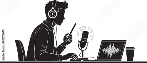 Male Content Creator Recording Podcast or Voiceover with Laptop and Coffee