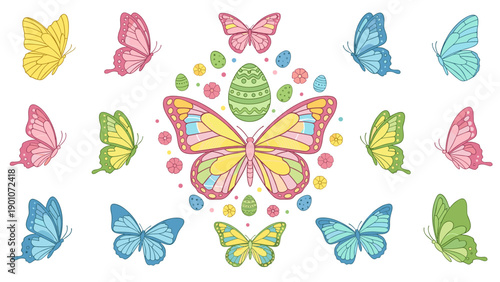 Colorful butterflies and easter egg on white background with confetti