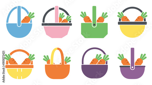 Colorful baskets filled with carrots on white background