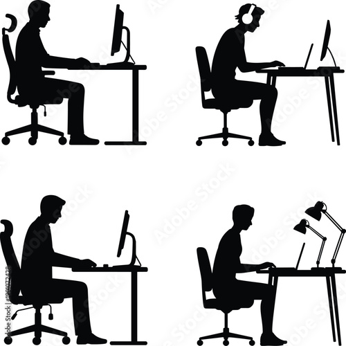 Office worker posture comparison silhouettes showing ergonomic and poor sitting positions at computer desk for workplace health, productivity, and injury prevention awareness