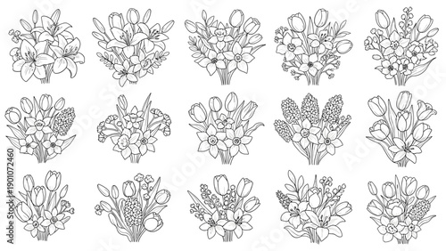 Set of various floral bouquet illustrations on white background