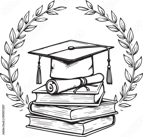 Academic Journey: An illustration of a graduation concept with a cap, diploma, and stack of books. Emblematic of higher education and academic achievement.