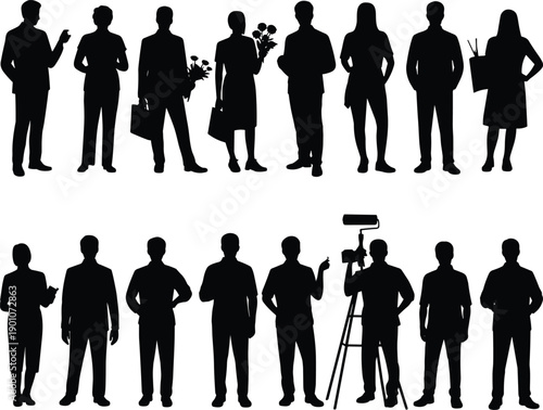 Professional business people silhouettes set including men and women standing, walking, holding briefcase, flowers, camera operator, teamwork, corporate diversity, career, leadership 