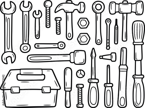 Hand Tool Set Illustration Wrench Screwdriver Hammer Line Art.