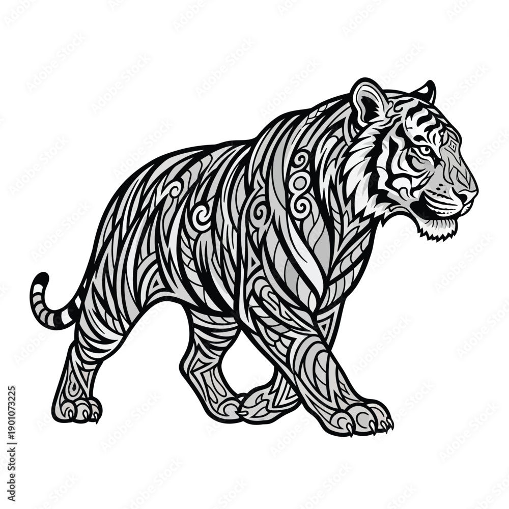 Obraz premium Tribal tiger, black line art, decorative animal, vector illustration