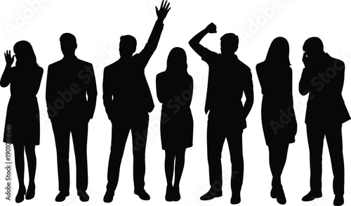 Silhouette of diverse business team standing together, professional people celebrating success, leadership and teamwork concept, corporate group unity isolated on white background